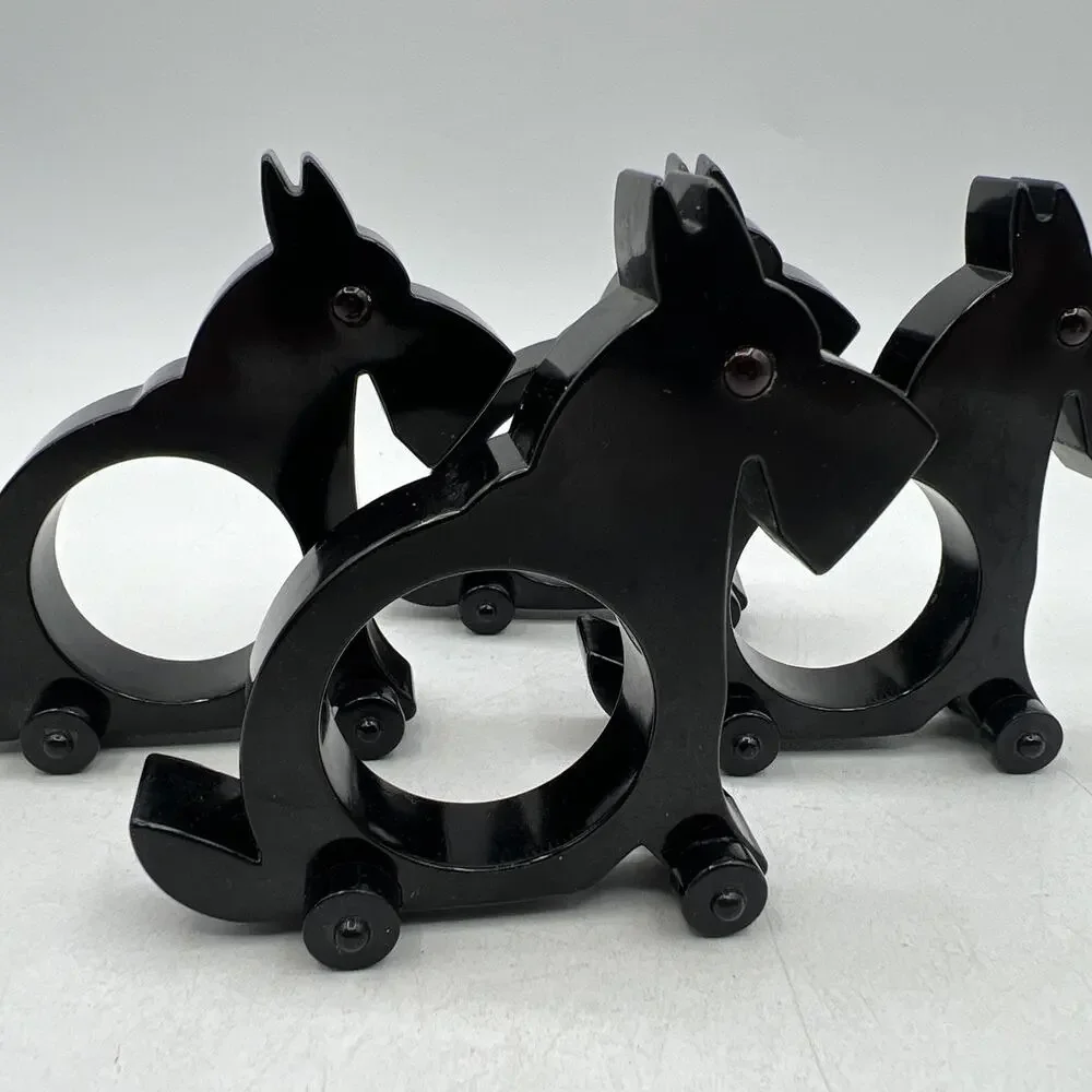 Set 4 Restoration Hardware Black Scottie Dog Napkin Ring Holders Red Eyes Wheels